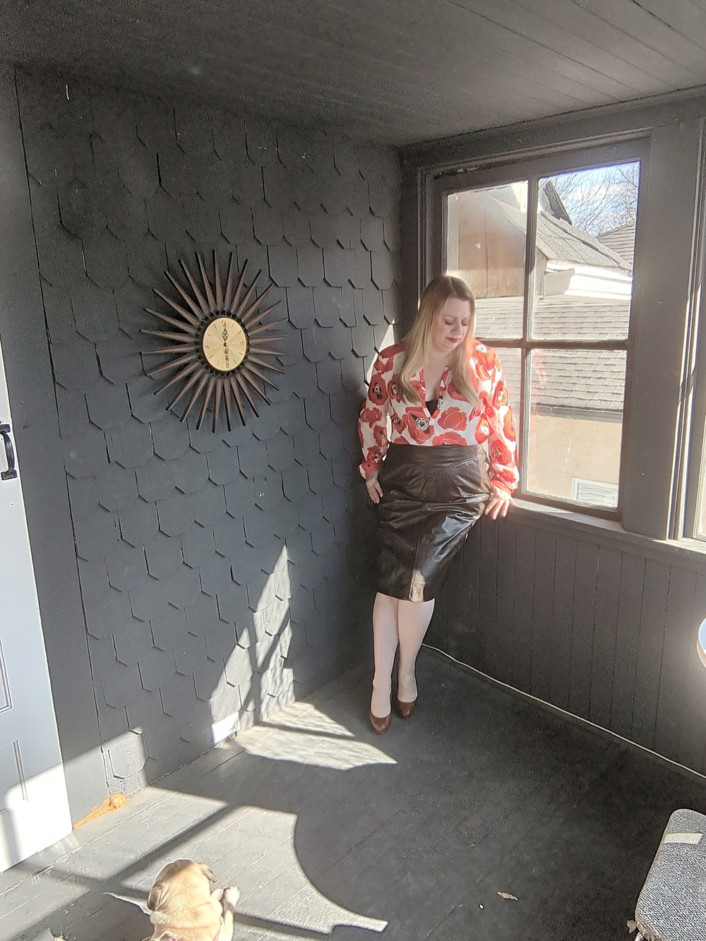 Vintage Black Real Leather Pencil Skirt With Yoke Waist